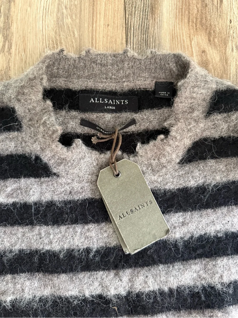 AllSaints Unisex Gray and Black Striped Fuzzy Crewneck Sweater Size L